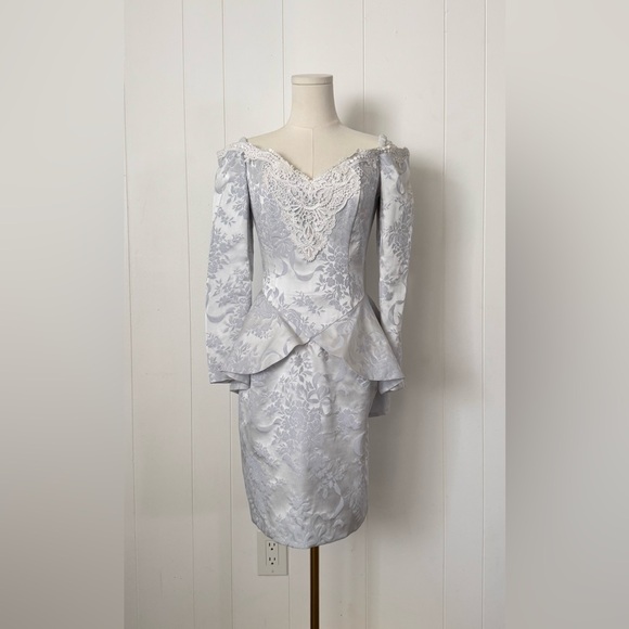 Vintage 80s Scott McClintock Jacquard Ice Blue Victorian Peplum Dress Sz 6 - Picture 1 of 8